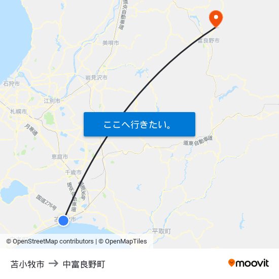 苫小牧市 to 中富良野町 map