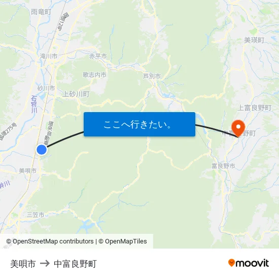 美唄市 to 中富良野町 map