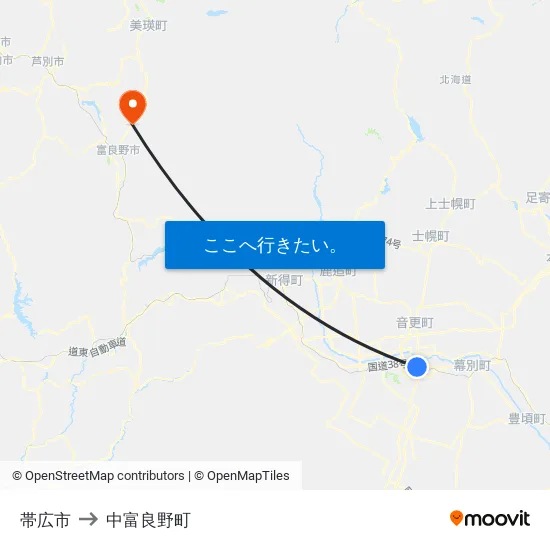 帯広市 to 中富良野町 map