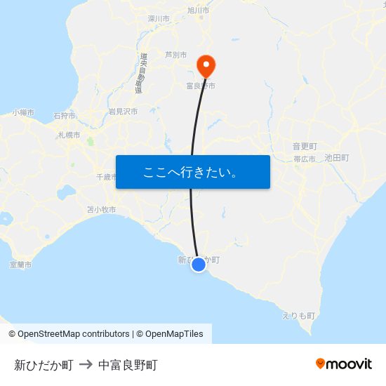 新ひだか町 to 中富良野町 map