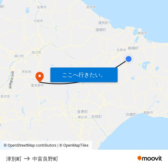 津別町 to 中富良野町 map