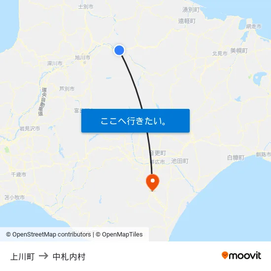 上川町 to 中札内村 map