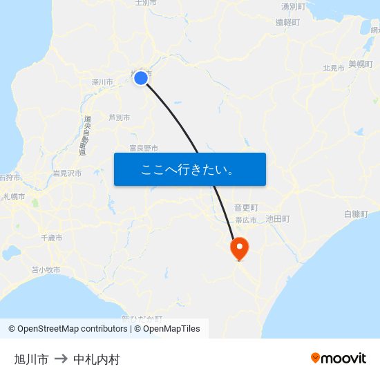 旭川市 to 中札内村 map