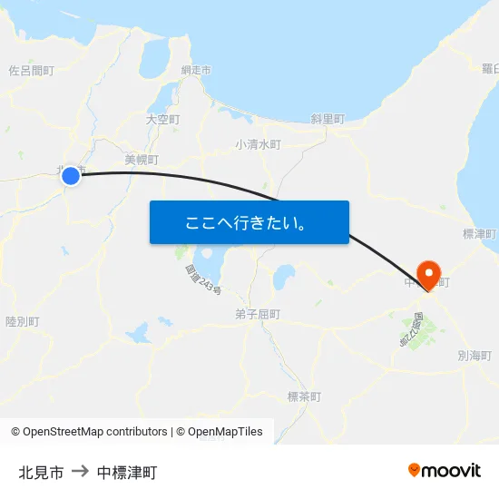 北見市 to 中標津町 map