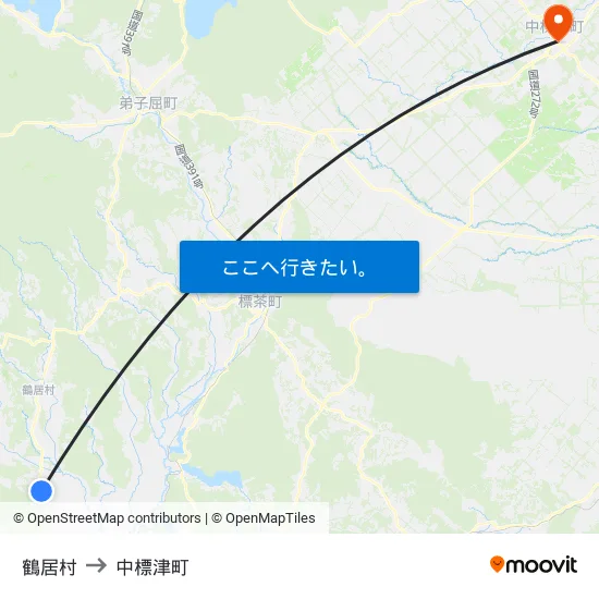 鶴居村 to 中標津町 map