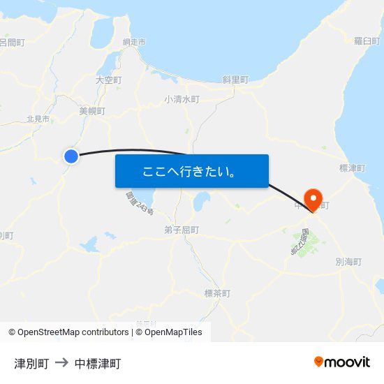 津別町 to 中標津町 map