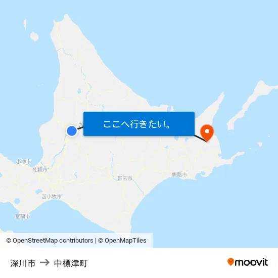 深川市 to 中標津町 map