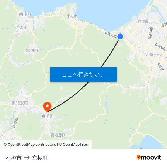 小樽市 to 京極町 map