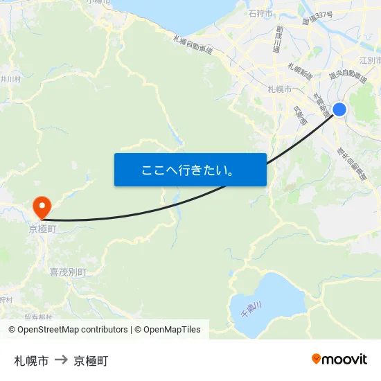 札幌市 to 京極町 map