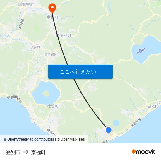 登別市 to 京極町 map