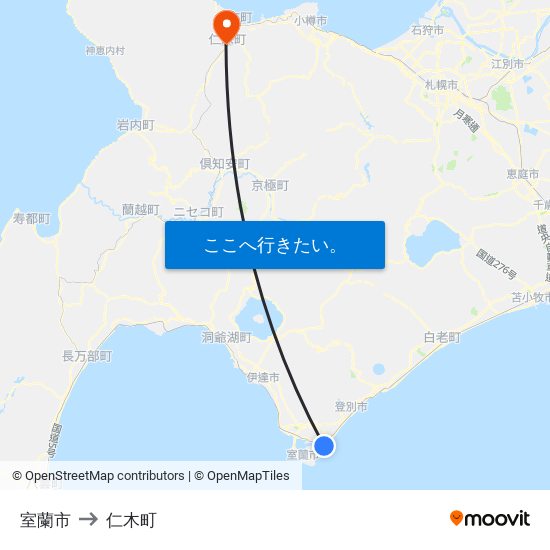 室蘭市 to 仁木町 map