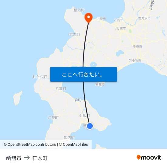 函館市 to 仁木町 map