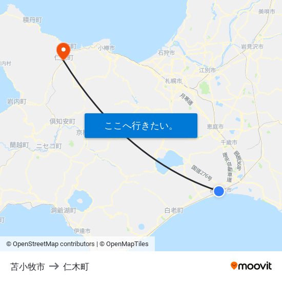 苫小牧市 to 仁木町 map