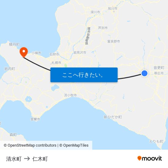 清水町 to 仁木町 map