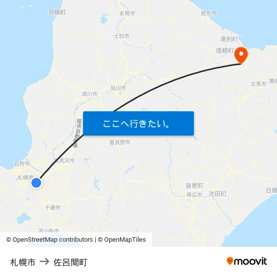 札幌市 to 佐呂間町 map