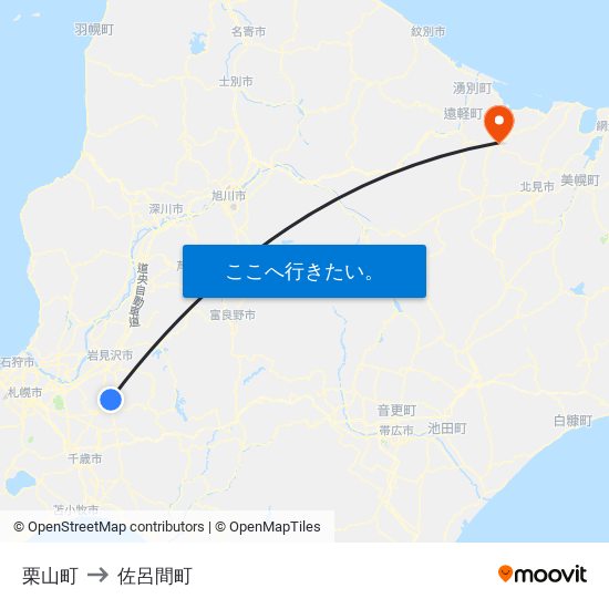 栗山町 to 佐呂間町 map