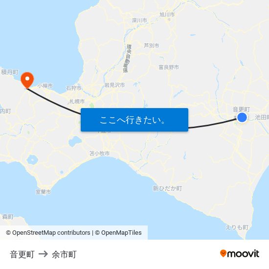 音更町 to 余市町 map