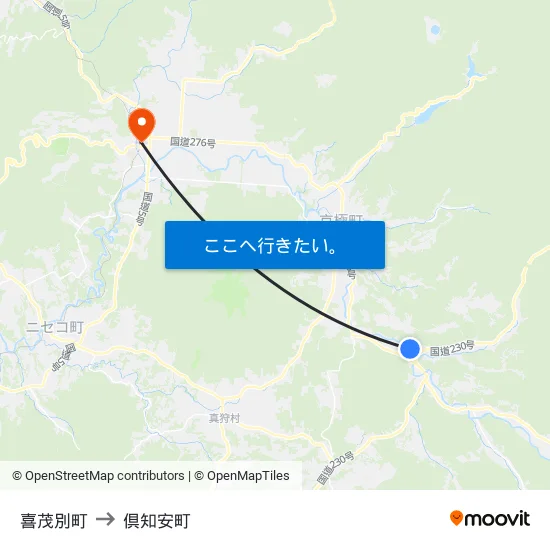 喜茂別町 to 倶知安町 map