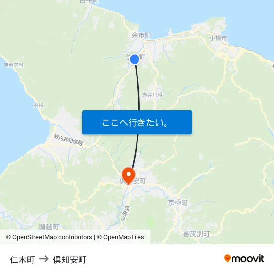 仁木町 to 倶知安町 map