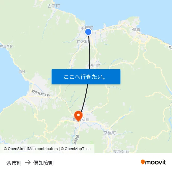 余市町 to 倶知安町 map