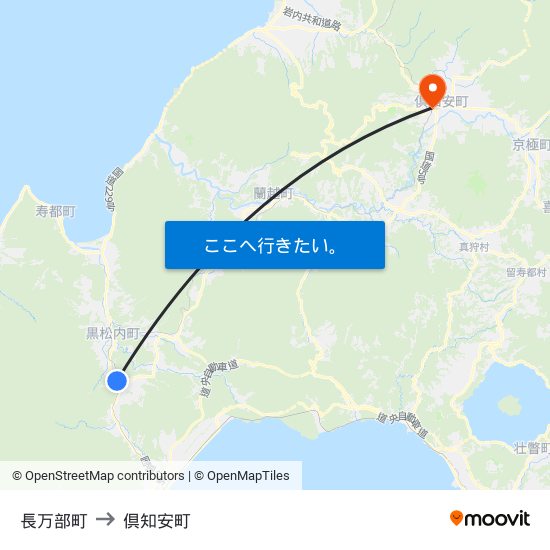 長万部町 to 倶知安町 map