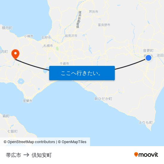 帯広市 to 倶知安町 map