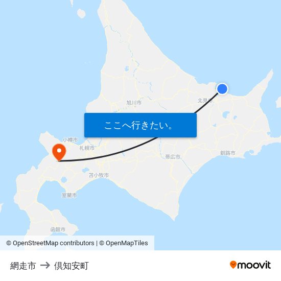 網走市 to 倶知安町 map