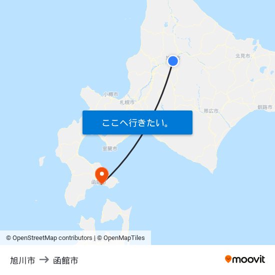 旭川市 to 函館市 map