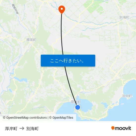 厚岸町 to 別海町 map