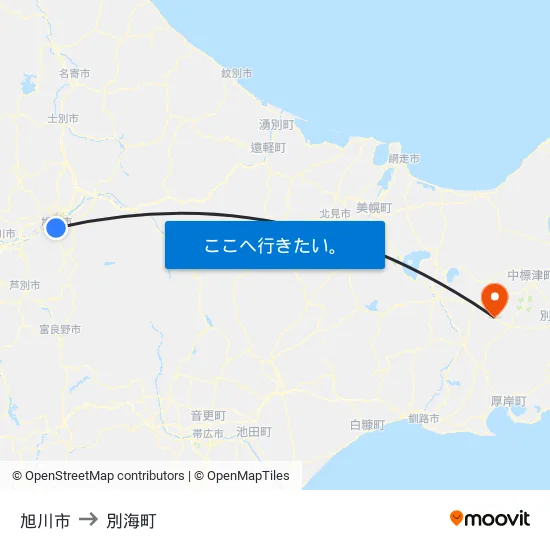 旭川市 to 別海町 map