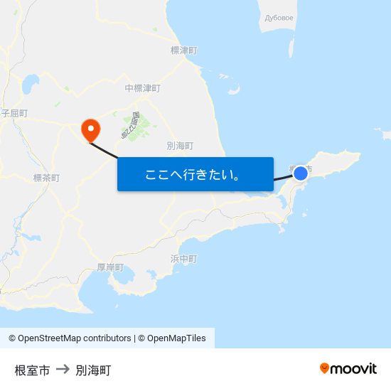 根室市 to 別海町 map