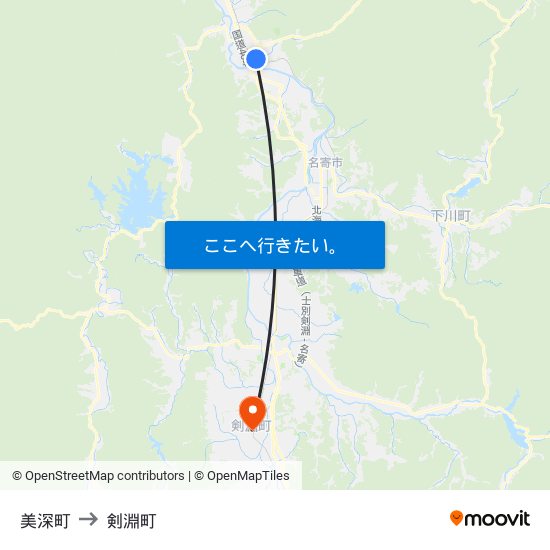 美深町 to 剣淵町 map