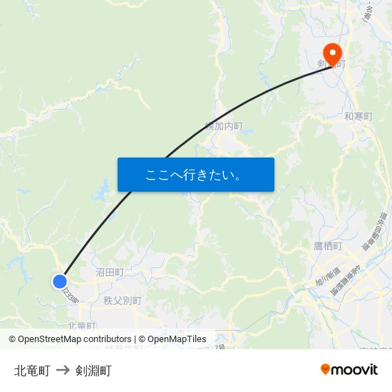 北竜町 to 剣淵町 map