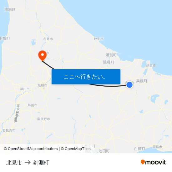 北見市 to 剣淵町 map