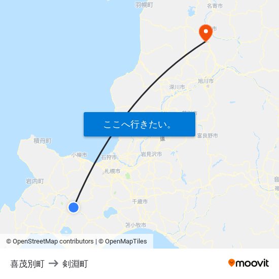 喜茂別町 to 剣淵町 map