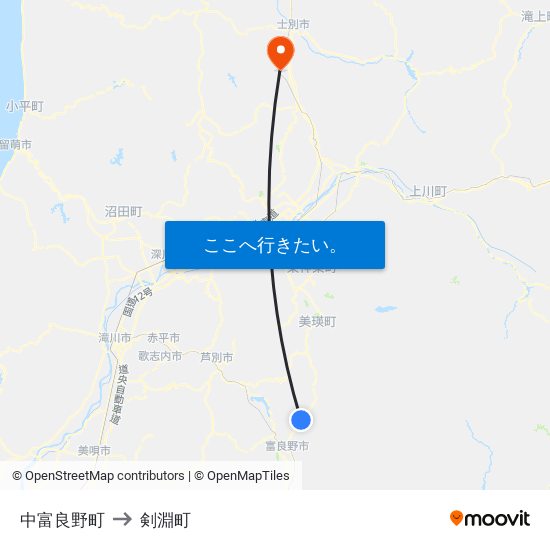 中富良野町 to 剣淵町 map