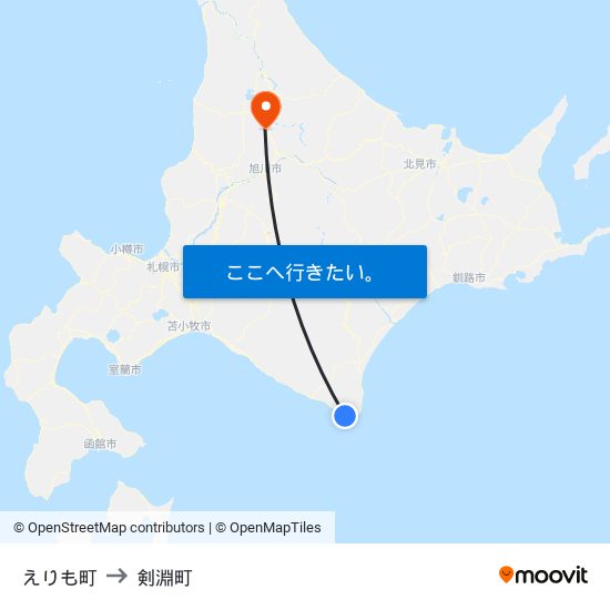 えりも町 to 剣淵町 map