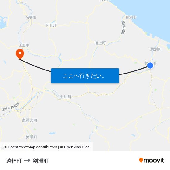 遠軽町 to 剣淵町 map