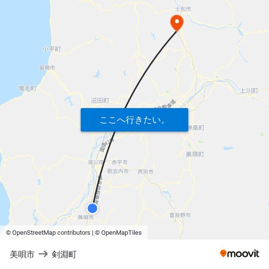 美唄市 to 剣淵町 map