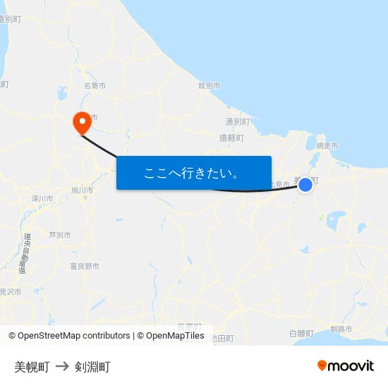 美幌町 to 剣淵町 map