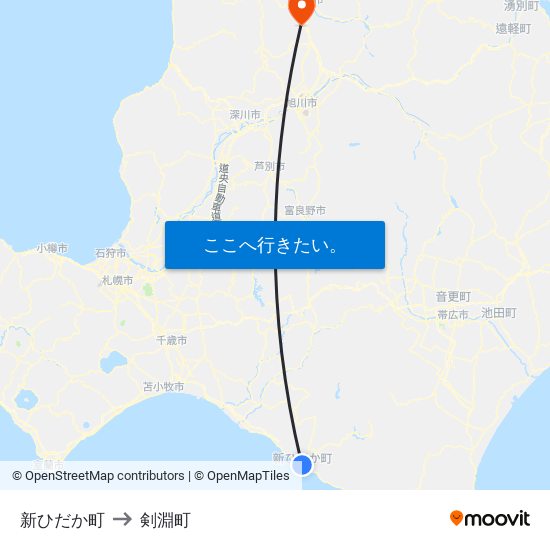 新ひだか町 to 剣淵町 map