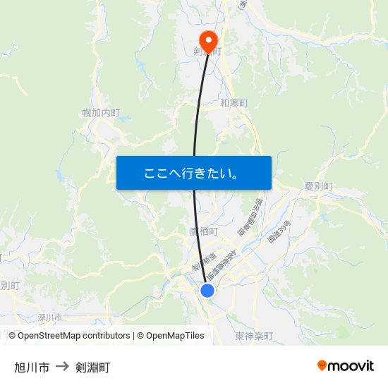 旭川市 to 剣淵町 map