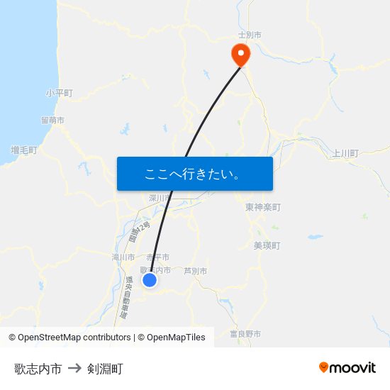 歌志内市 to 剣淵町 map