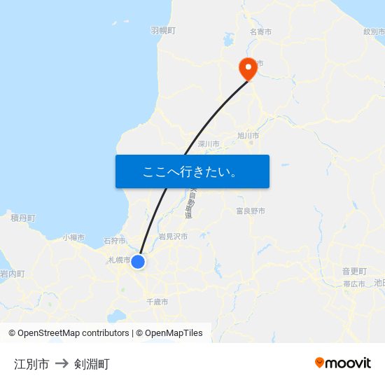 江別市 to 剣淵町 map