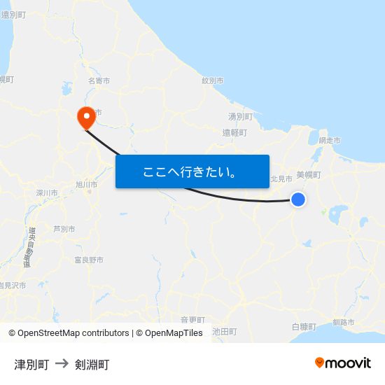 津別町 to 剣淵町 map