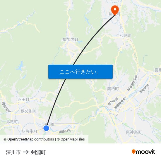 深川市 to 剣淵町 map