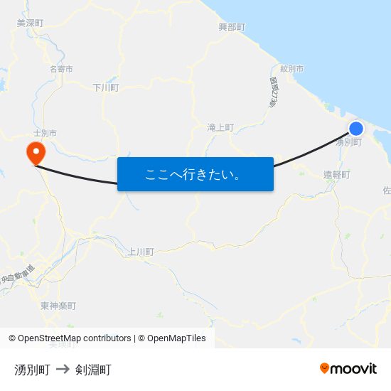 湧別町 to 剣淵町 map