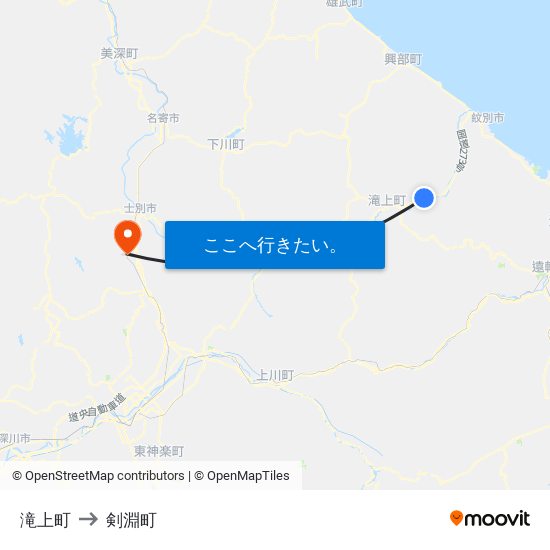 滝上町 to 剣淵町 map