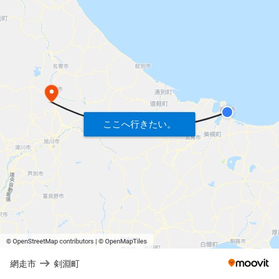 網走市 to 剣淵町 map