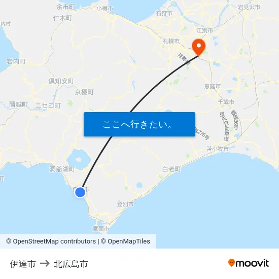 伊達市 to 北広島市 map